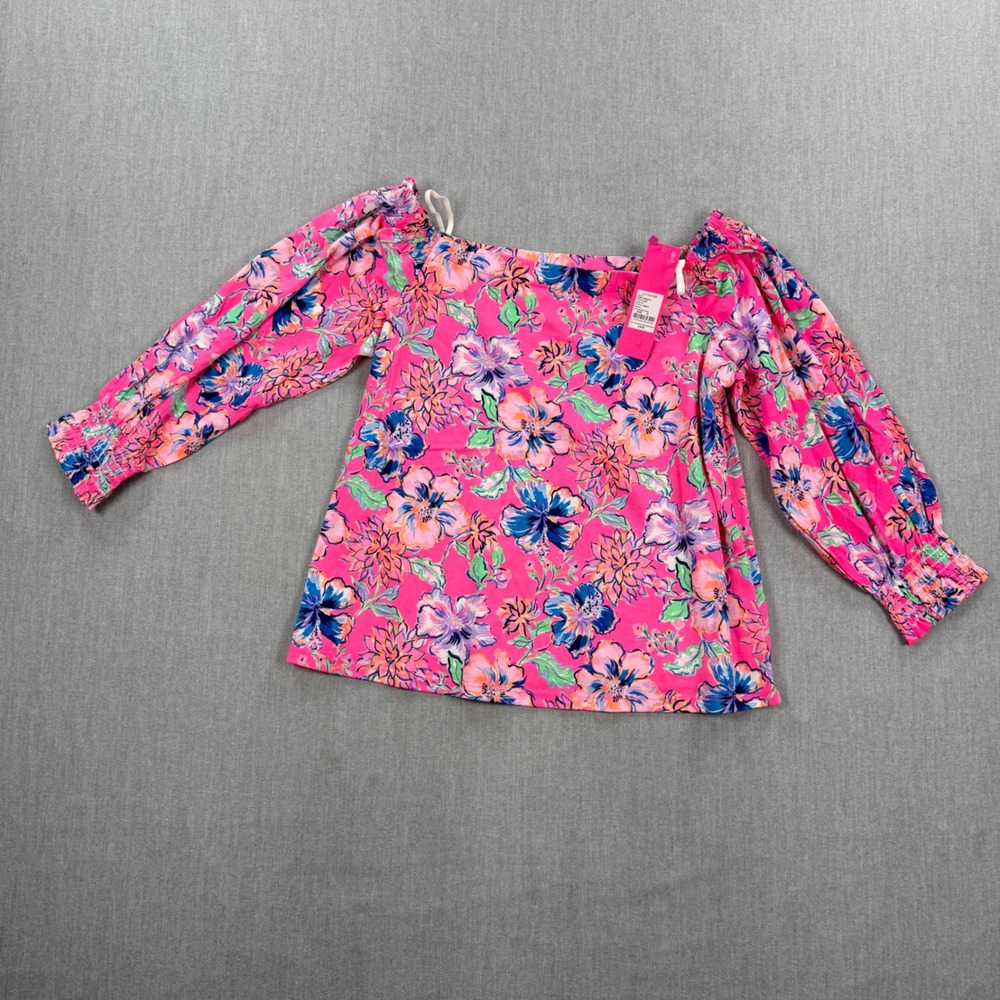 Lilly Pulitzer Lessa Top Pink Isle Last Bud Not Least‎ Floral Boatneck NWT M